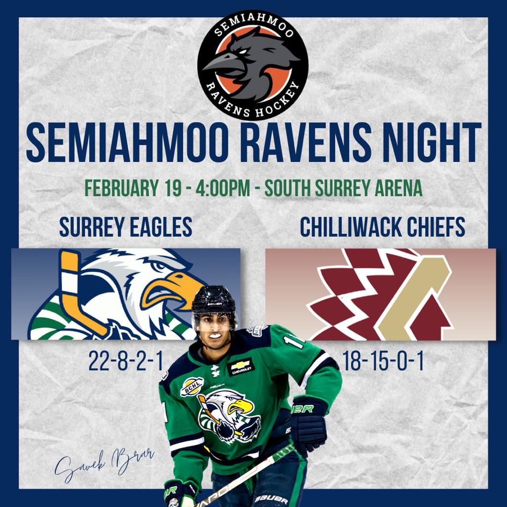 4:00 pm, Feb 19: Chilliwack Chiefs vs Surrey Eagles